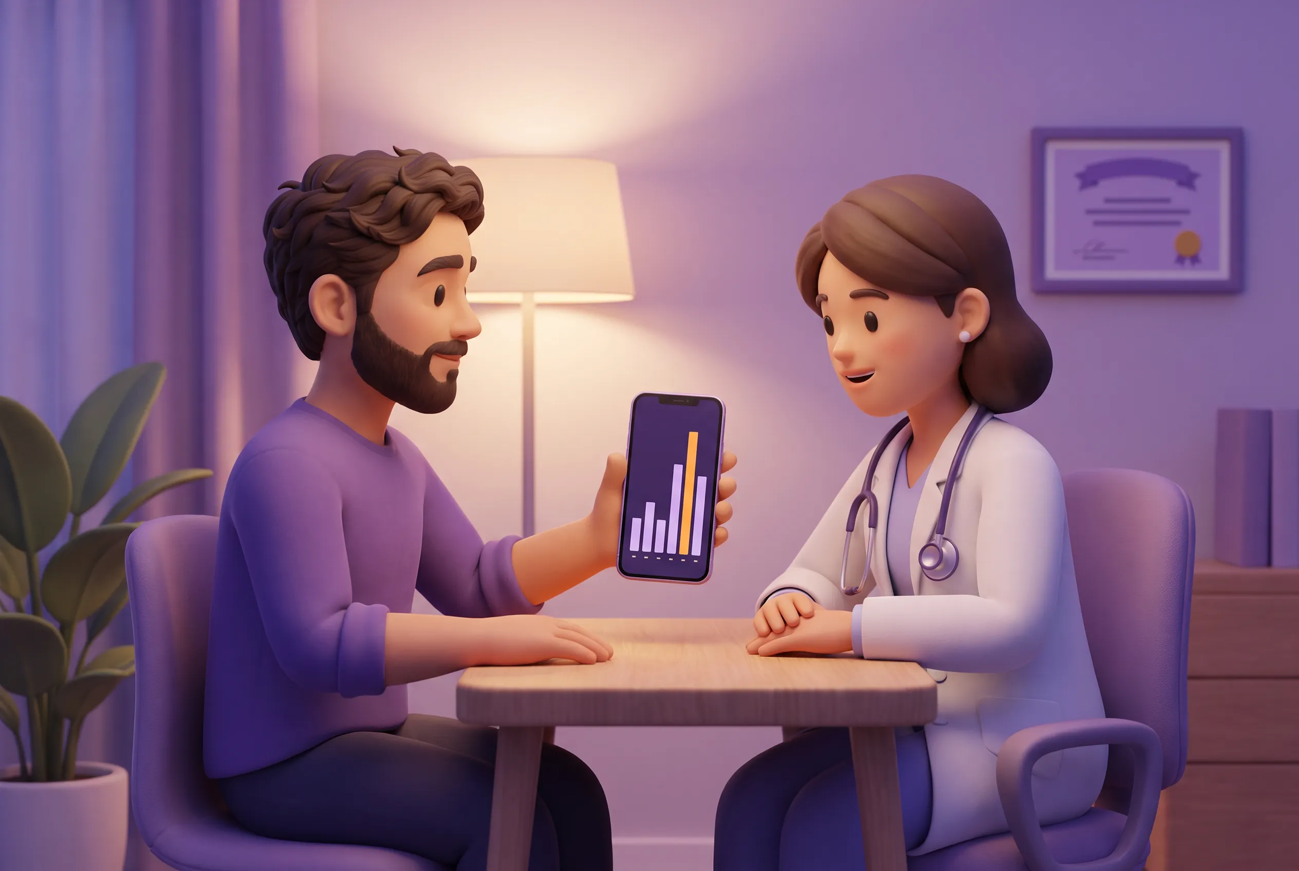 A man showing his night of snoring on his phone to a doctor