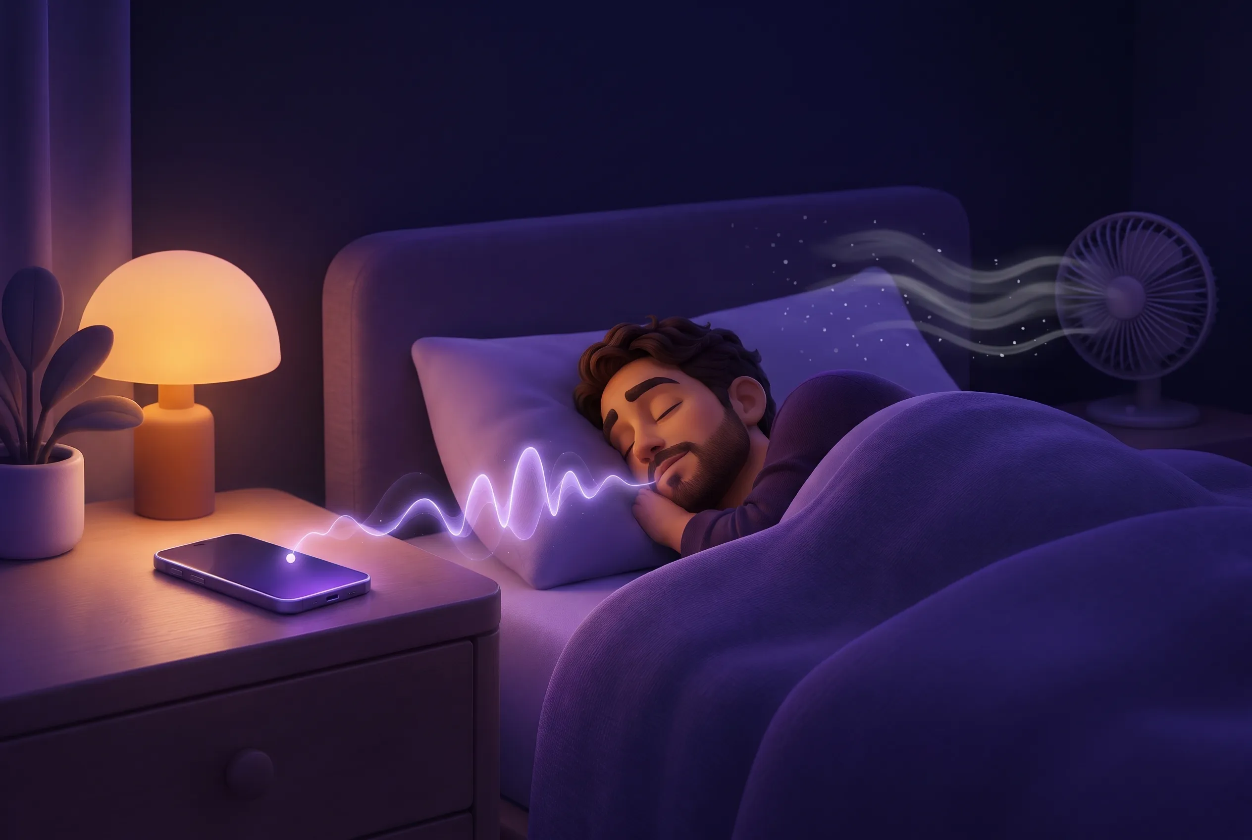 A man asleep, his snore reaching the phone on the bedside table while the fan's noise fades away