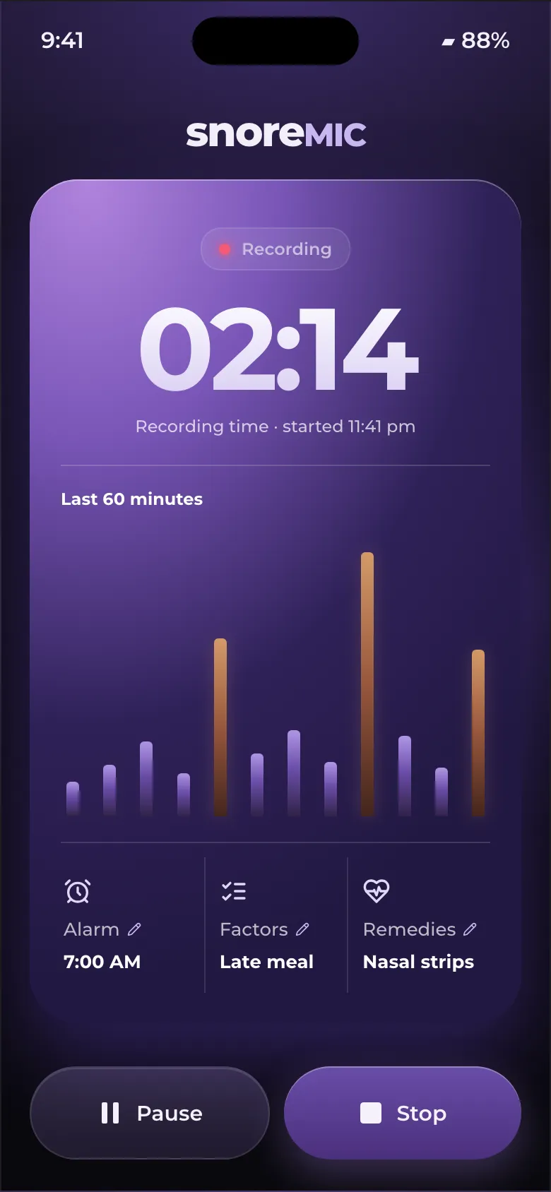 snoreMIC recording: 2 hours 14 minutes, 9 snores so far